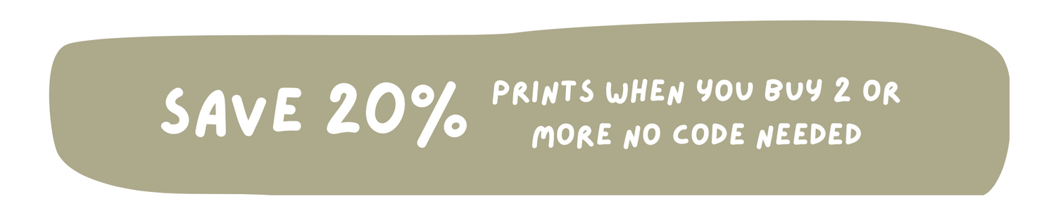 A horizontal taupe banner with white text offering a 20% discount on prints when buying 2 or more, with no code required.