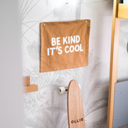 Brown neutral be kind its cool wall banner. Be kind its cool wall flag. Be kind its cool bedroom banner. Boys playroom banner. Boys playroom wall flag. Boys bedroom styling. Boys bedroom wall decor. Boys wbedroom inspo. Boys bedroom decor ideas. 7 year old bedroom ideas. 10 year old bedroom ideas. 12 year old bedroom ideas. Neutral tan bedroom decor. Gender neutral kids room.