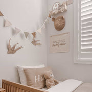 Vintage triangle bunting. Boys gingham nursery decor. Neutral boys bedroom styling. Green and beige bunting flags. Gingham nursery bunting. Classic neutral boys room decor. Earthy nursery wall decor. Kids rental friendly decor. Classic boys nursery inspo. Timeless kids room bunting. Gender neutral wall garland. Gender neutral nursery decor. Gingham plaid garland. 