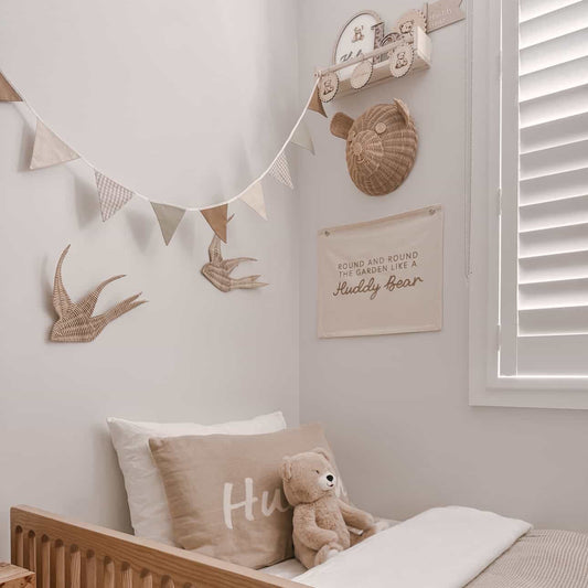 Vintage triangle bunting. Boys nursery decor. Neutral boys bedroom styling. Green and beige bunting flags. Gingham nursery bunting. Retro boys room decor. Earthy nursery wall decor. Kids rental friendly decor. Classic boys nursery inspo. Timeless kids room bunting.