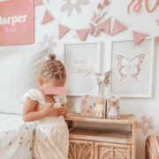 Pink girls room. Soft pink nursery decor. Classic girls bedroom styling. Sweet girls pastel pink bedroom decor. Butterfly wall art. Butterfly girls room inspo. Pink butterfly print decor. Timeless girls pink bedroom ideas. Elegant girls bedroom art. Girls feminine bedroom. Baby pink girls bedroom decor. Classic girls nursery decor. Classic pink bedroom. Delicate butterfly inspired girls decor. Fly free lovely print styling.