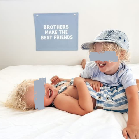 Brothers bedroom styling. Brothers bedroom wall decor. Brothers bedroom wall banner. Brothers wall banner. Brothers bedroom inspo. Brothers bedroom decor ideas. Shared boys bedroom decor. Brothers make the best friends banner. Shared boys room inspo. Brothers wall decor.