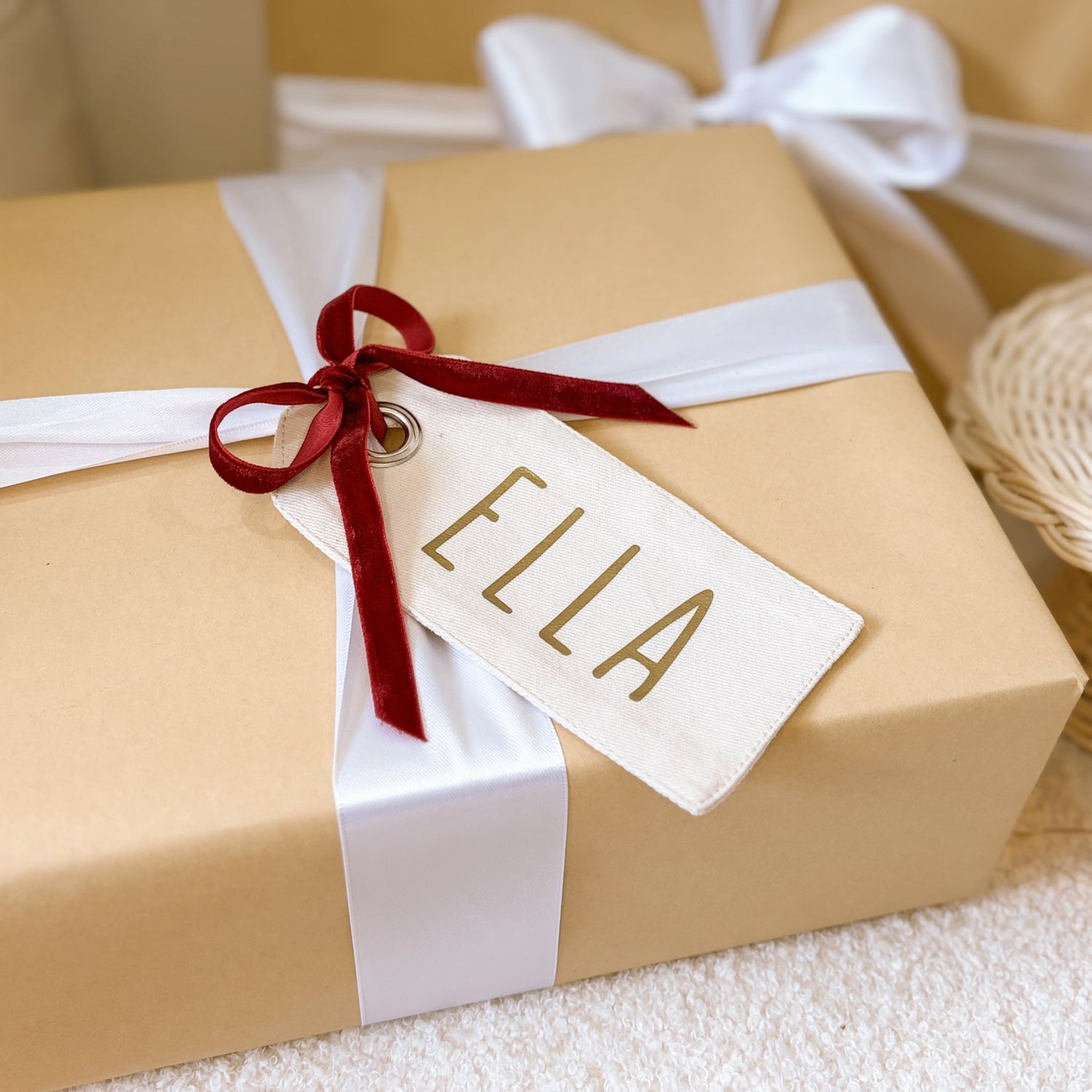 personalised Christmas gift tag, reusable canvas gift tag, personalised gift tag, Christmas present tag, fabric gift tag, canvas name tag, personalised name tag, reusable present tag, Christmas gift wrapping, neutral Christmas decor, warm sand gift tag, beige Christmas tag, vintage Christmas decor, kids Christmas gift tag, custom Christmas tag, personalised Christmas decor, sustainable gift wrapping, Christmas keepsake, stocking tag, Santa sack tag, Australian Christmas gifts