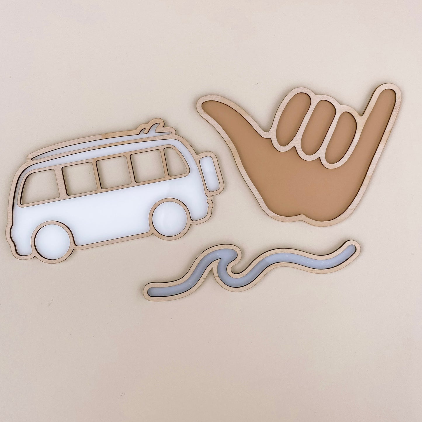 Shaka wall decor. Wooden Shaka sign. Acrylic Shaka sign. Timber kombi van sign. Acrylic kombi van decor. Timber wave decor. Acrylic wave wall decor. Coastal kids decor. Beach inspired boys bedroom. Boys beach wall decor. Coastal kids wall decor. Wave wall decor. Beach timber wall decor. Rental friendly kids decor. Coastal nursery decor. 