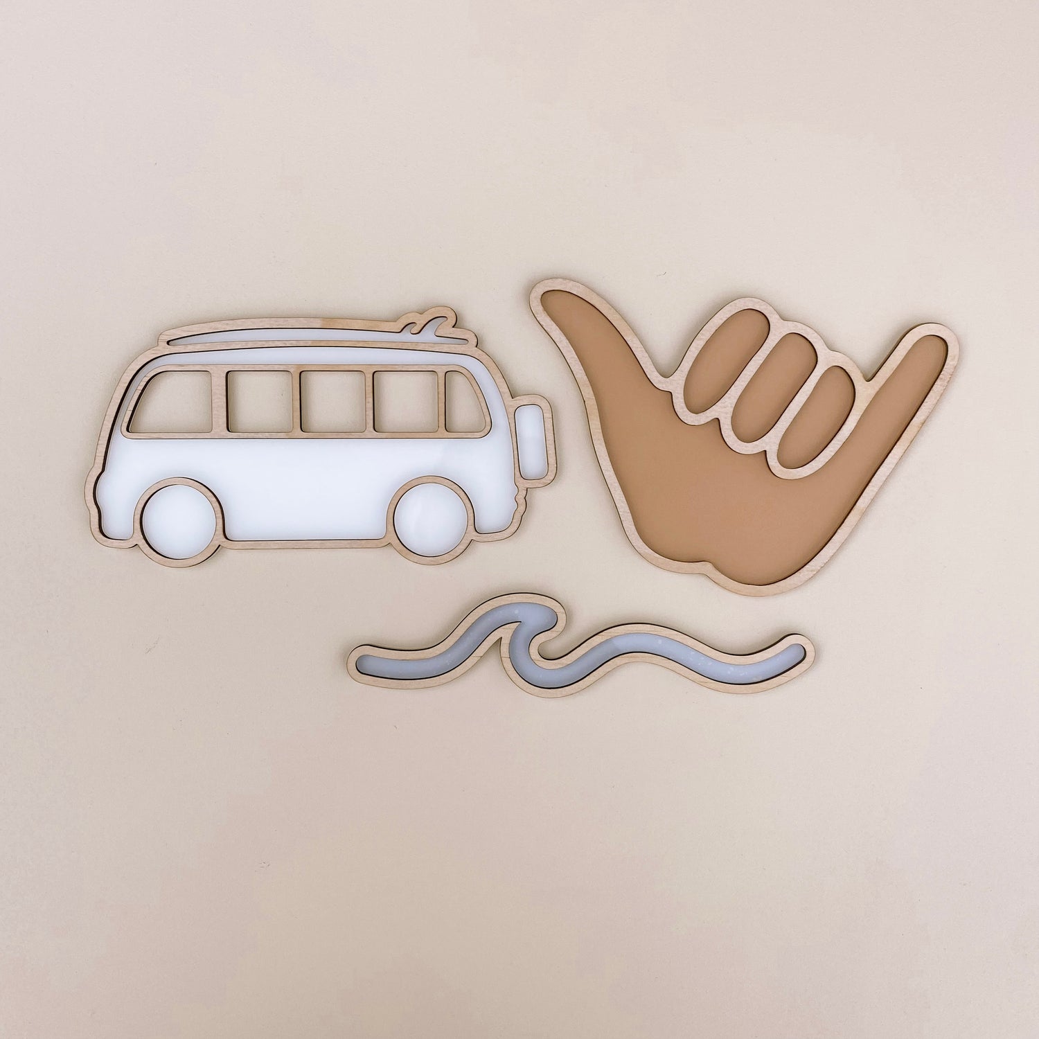 Shaka wall decor. Wooden Shaka sign. Acrylic Shaka sign. Timber kombi van sign. Acrylic kombi van decor. Timber wave decor. Acrylic wave wall decor. Coastal kids decor. Beach inspired boys bedroom. Boys beach wall decor. Coastal kids wall decor. Wave wall decor. Beach timber wall decor. Rental friendly kids decor. Coastal nursery decor. 
