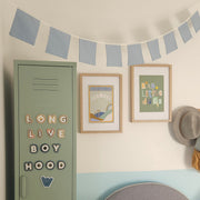 Pastel Blue square kids bunting. Boys wall bunting. Sky Blue wall garland. Pale Blue square playroom bunting. Pastel blue garland. Baby blue wall flags. Blue wall decor. Blue Boys Nursery bunting. Boys nursery garland. Nursery wall decor. Blue nursery flags. Coastal wall bunting. Surf bedroom decor. Beach boys bedroom wall decor. 