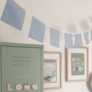 Pastel Blue square kids bunting. Boys wall bunting. Sky Blue wall garland. Pale Blue square playroom bunting. Pastel blue garland. Baby blue wall flags. Blue wall decor. Blue Boys Nursery bunting. Boys nursery garland. Nursery wall decor. Blue nursery flags. Coastal wall bunting. Surf bedroom decor. Beach boys bedroom wall decor. 