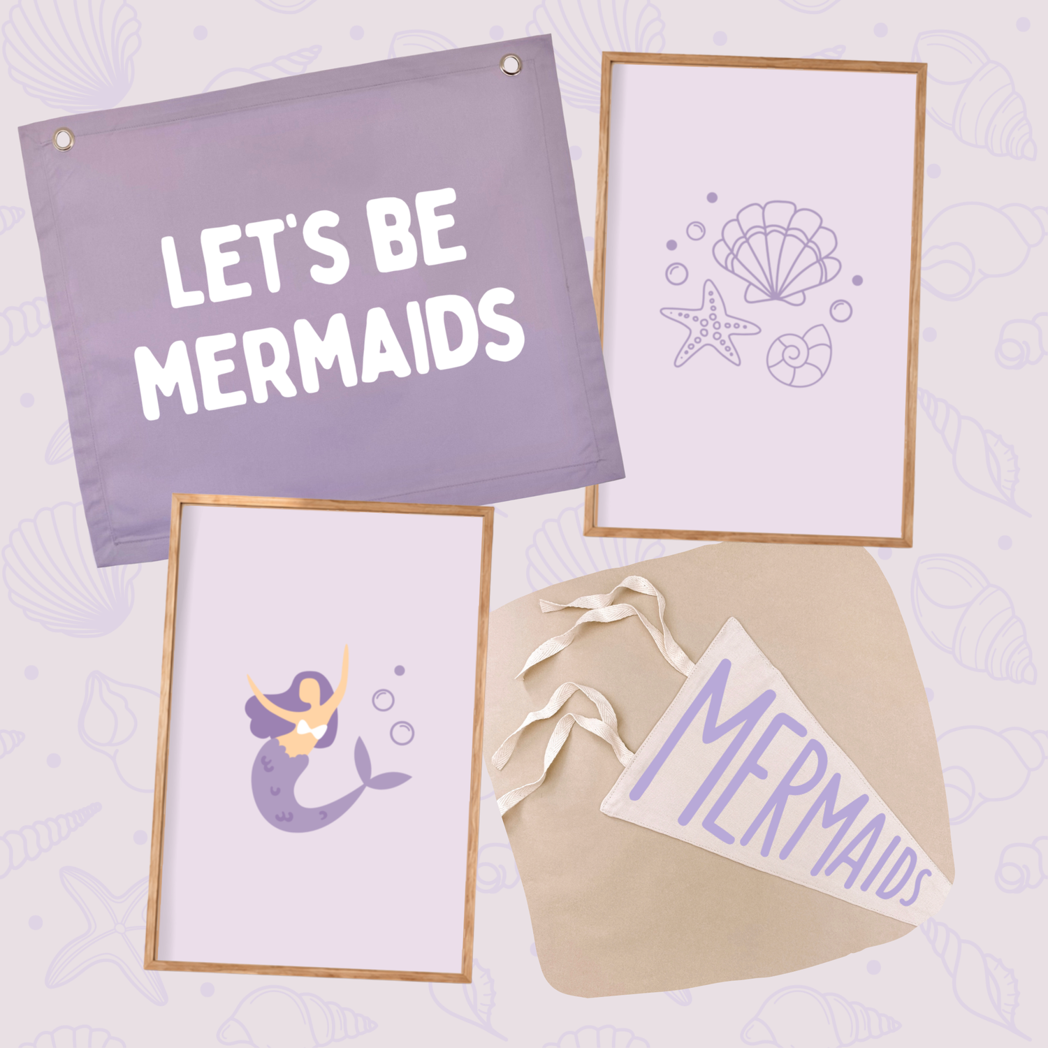 Mermaid-themed nursery decor set including a lavender banner reading 'LET'S BE MERMAIDS', framed prints with seashell and mermaid illustrations, and a beige envelope with a 'MERMAIDS' ribbon tag, arranged on a pale lavender background with faint shell outlines.