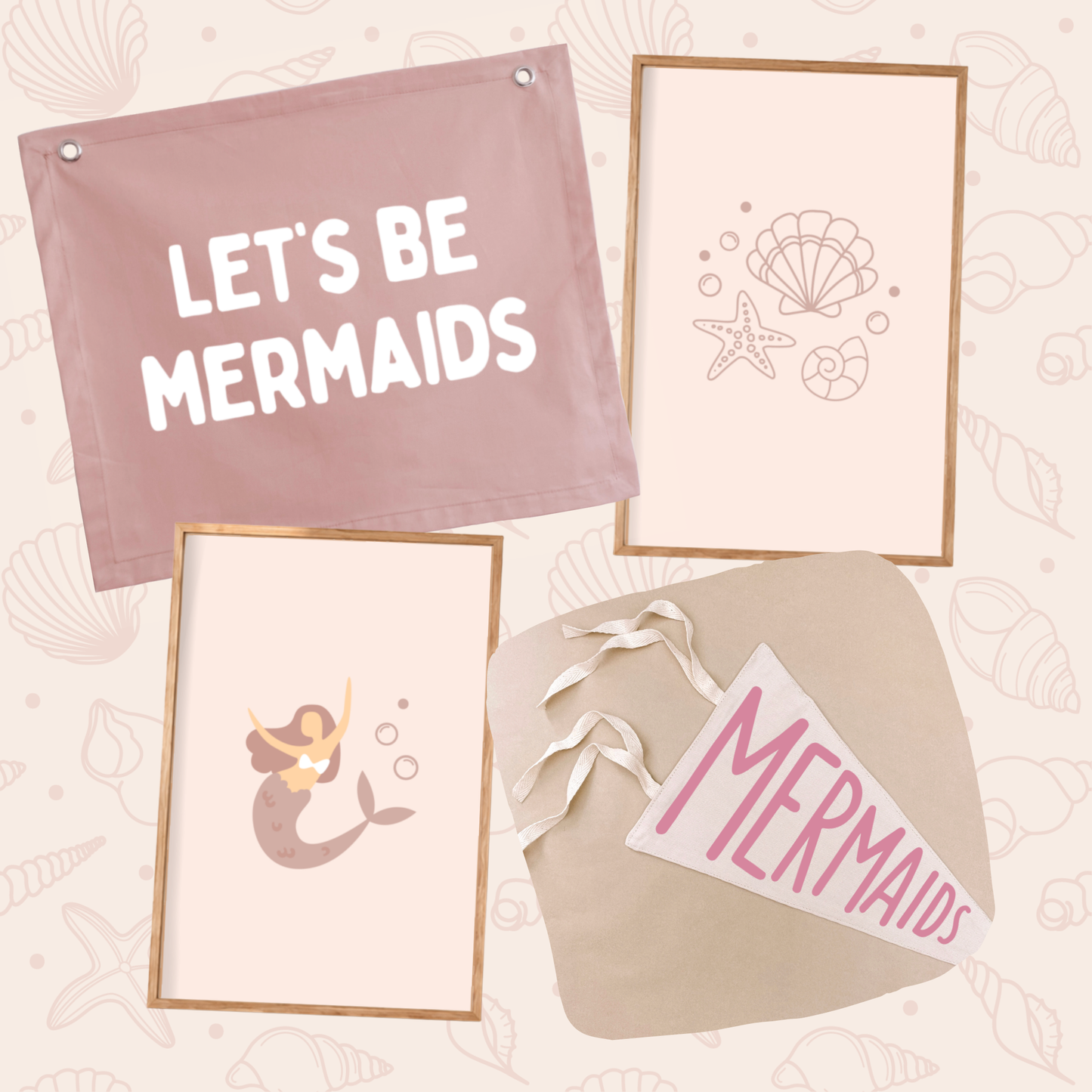 Pink Mermaid Bedroom Bundle, Girls Mermaid Decor, Mermaid Bedroom Decor, Girls Bedroom Bundle, Kids Mermaid Decor, Pink Mermaid Decor, Pink Girls Bedroom, Pink Kids Decor, Let’s Be Mermaids Banner, Mermaid Wall Banner, Mermaid Wall Prints, Mermaid Print, Seashell Wall Art, Under The Sea Decor, Mermaid Pennant Flag, Girls Wall Decor, Girls Bedroom Decor, Kids Room Bundle, Whimsical Girls Decor, Mermaid Nursery Decor, Girls Playroom Decor, Pink Playroom Decor, Mermaid Kids Room