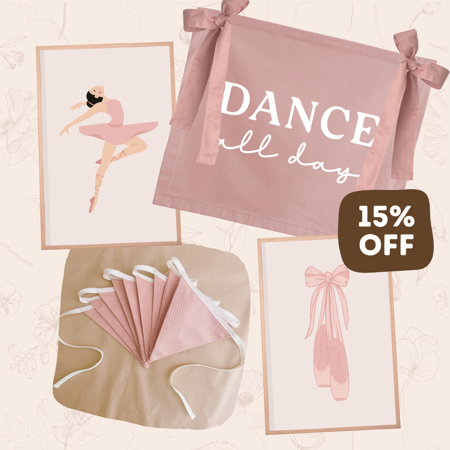 A coordinated ballet-themed stationery or party decoration set on a light cream background with faint floral line art. The set includes a dusty pink banner with bows and the words “DANCE all day,” a beige apron with white ties, a fan of pink face masks, and two framed ballerina and pointe illustration prints.