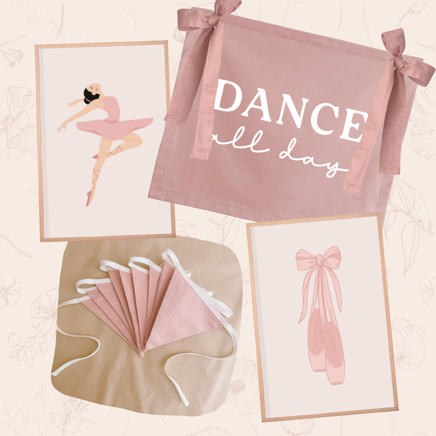 A coordinated ballet-themed home decor and dance accessory set arranged on a pale blush background. The set includes a large dusty pink fabric banner with bows and the words “DANCE all day,” a beige fabric banner with folded pink practice shoes, a framed ballerina illustration, and a framed pair of pink pointe shoes.