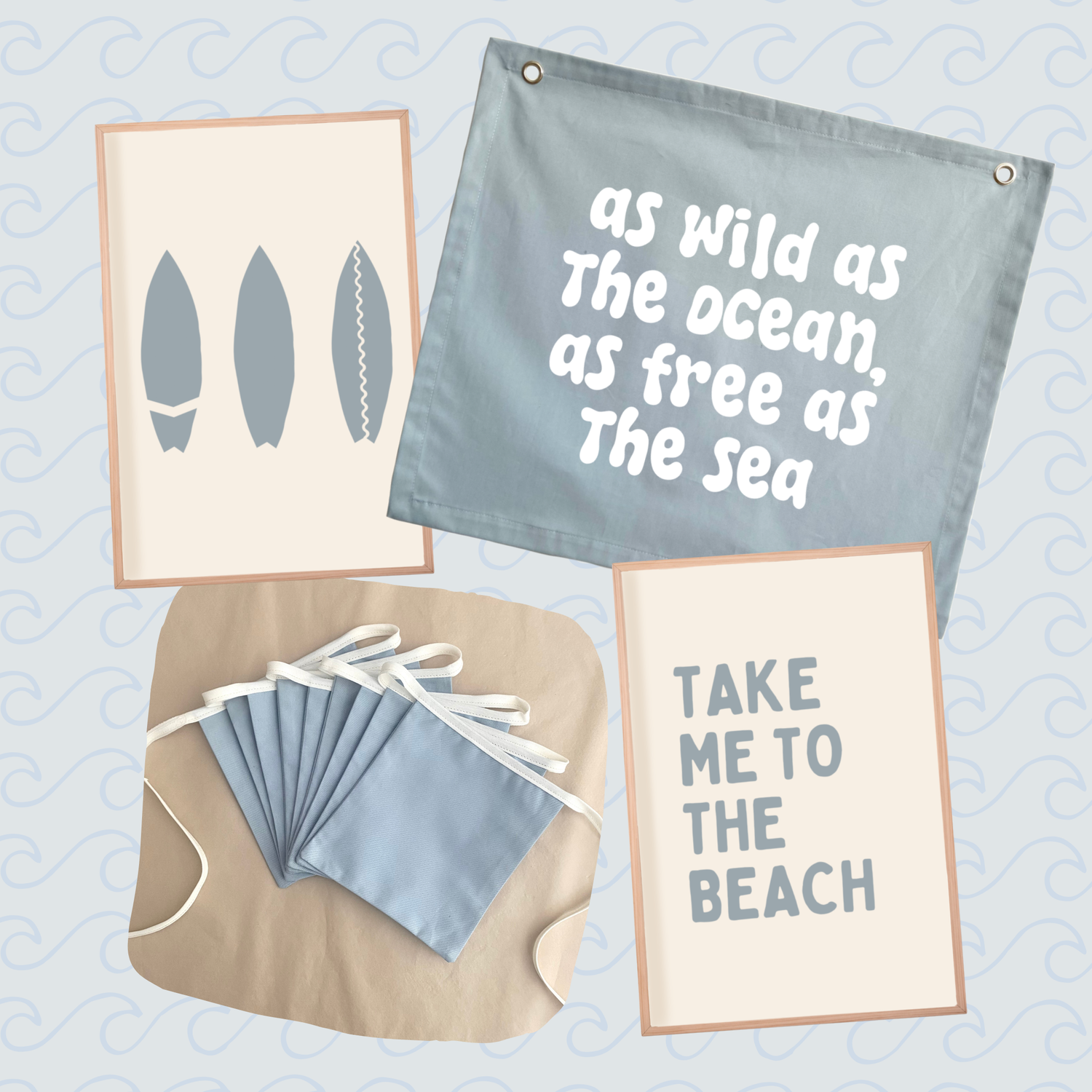 A coordinated beach-themed home decor and accessory set on a pale blue patterned background. The set includes a light blue towel with white text reading 'as Wild as The ocean, as free as The sea,' two cream prints with blue surfboard silhouettes and 'TAKE ME TO THE BEACH,' a beige towel with a matching blue face mask, and additional matching blue towels.