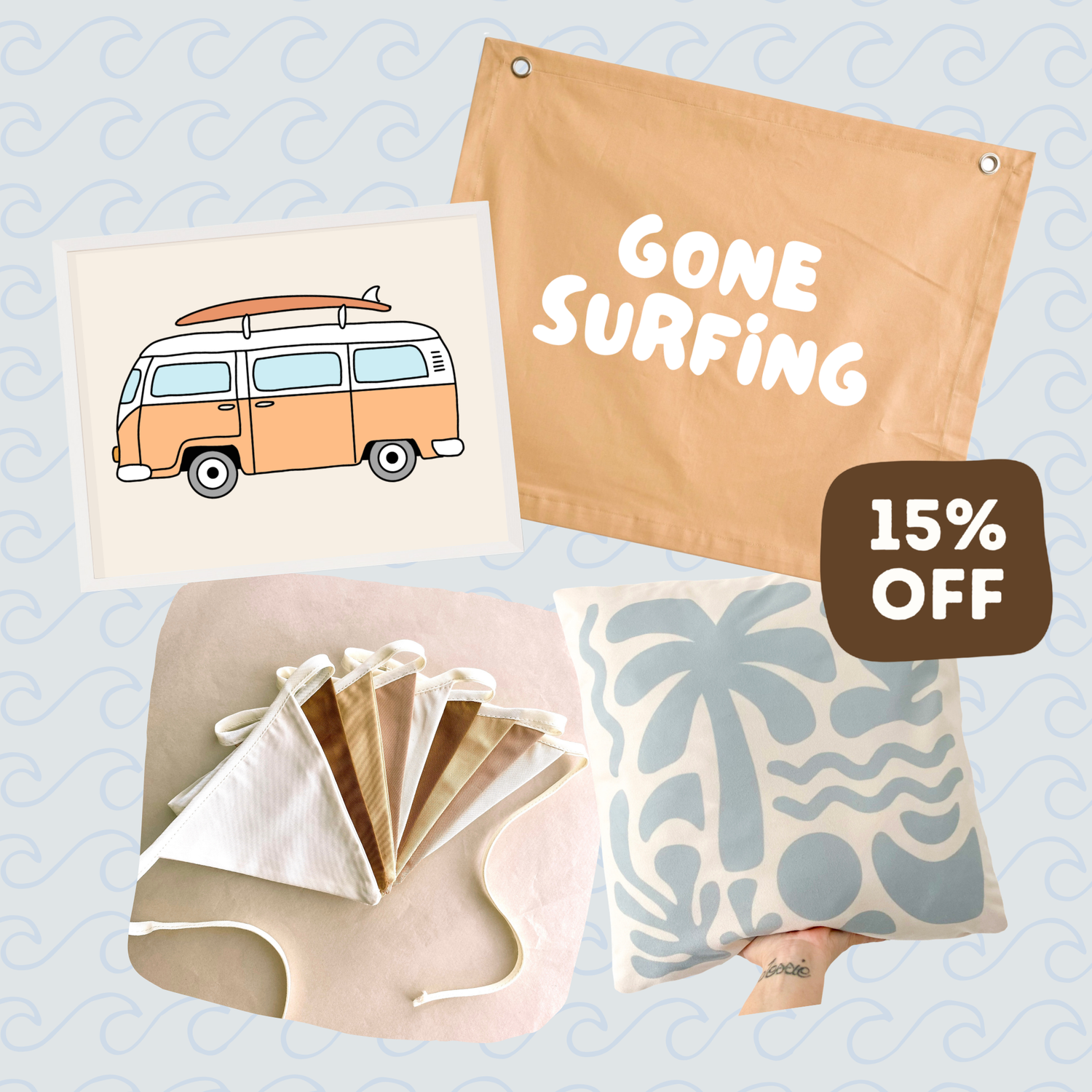 A collage showing beach-themed home decor and accessories: a canvas print with a retro orange-and-white van carrying a surfboard and the words 'GONE SURFING,' a tan canvas bag with grommets, a brown '15% OFF' sale badge, a pale pink towel or wrap, and a pillow with a blue palm tree and wave pattern. The background is a pale blue with faint wave motifs.