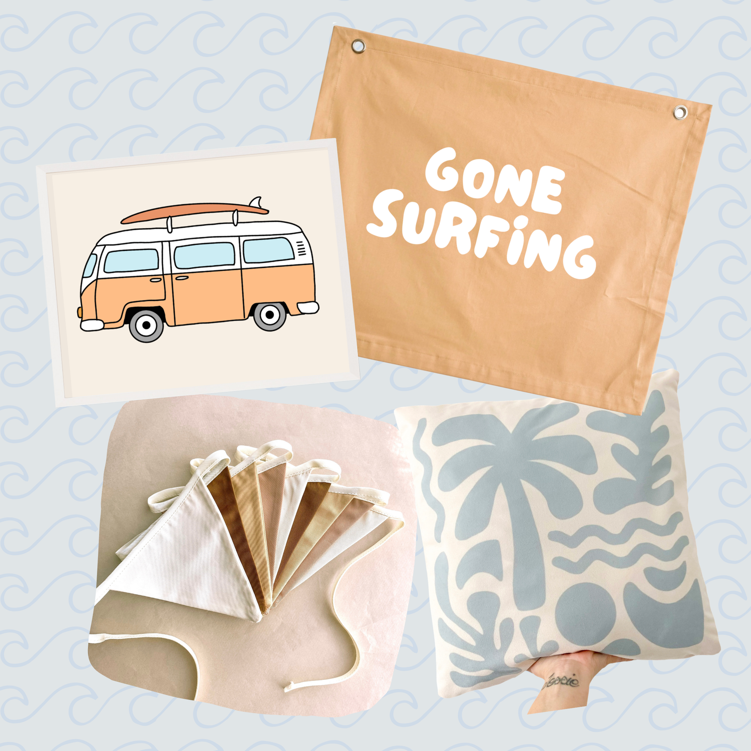 A collage of beach-themed home and apparel items on a pale blue patterned background: a tan fabric pouch with the words “GONE SURFING,” a cream card with a retro orange-and-white van illustration, folded white and tan fabric pieces, and a cream pillow with a light blue palm tree and wave print. A small tattooed hand is visible holding the pillow.
