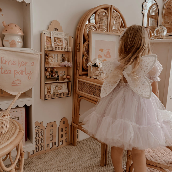 Pink girls room. Soft pink nursery decor. Classic girls bedroom styling. Sweet pastel pink bedroom decor. Tea party wall art. Girls tea party room inspo. Pink tea party print decor. Timeless girls pink bedroom ideas. Elegant girls bedroom art. Girls feminine bedroom. Baby pink girls bedroom decor. Classic girls nursery decor. Classic pink bedroom. Delicate tea party inspired girls decor.