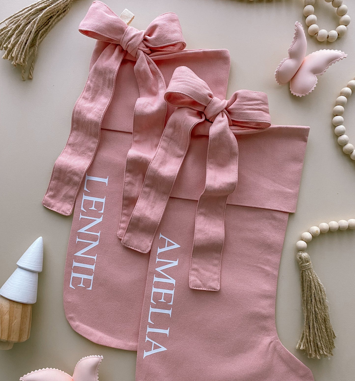 Personalised Christmas stocking with tie on bow ~ Blush pink