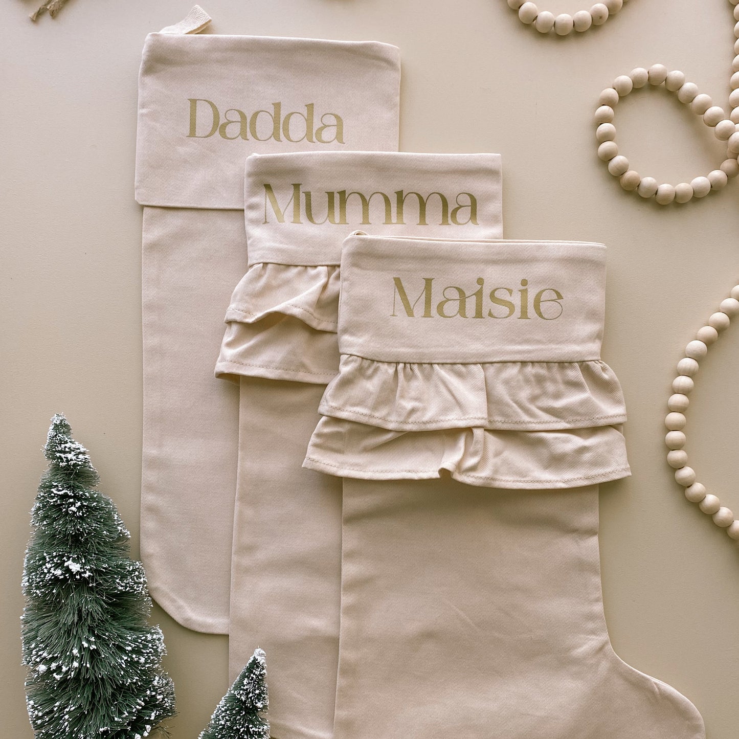 personalised frill Christmas stocking, double frill Christmas stocking, ruffle Christmas stocking, warm sand Christmas stocking, beige Christmas stocking, neutral Christmas stocking, personalised Christmas stocking, canvas Christmas stocking, cotton Christmas stocking, custom name stocking, personalised kids stocking, cottagecore Christmas decor, vintage Christmas stocking, neutral Christmas decor, Christmas keepsake, reusable Christmas stocking, Australian Christmas decor