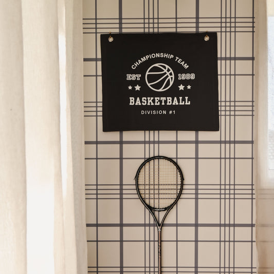 Black Basketball wall banner. Vintage sports bedroom decor. College sports nursery sign. Court side inspired playroom styling. Basket ball wall hanging. Kids rental friendly decor. Boys bedroom decor. Sports themed kids room. Playroom wall banner. Kids bedroom inspo. Kids room ideas. Vintage kids decor. Black boys bedroom decor. 