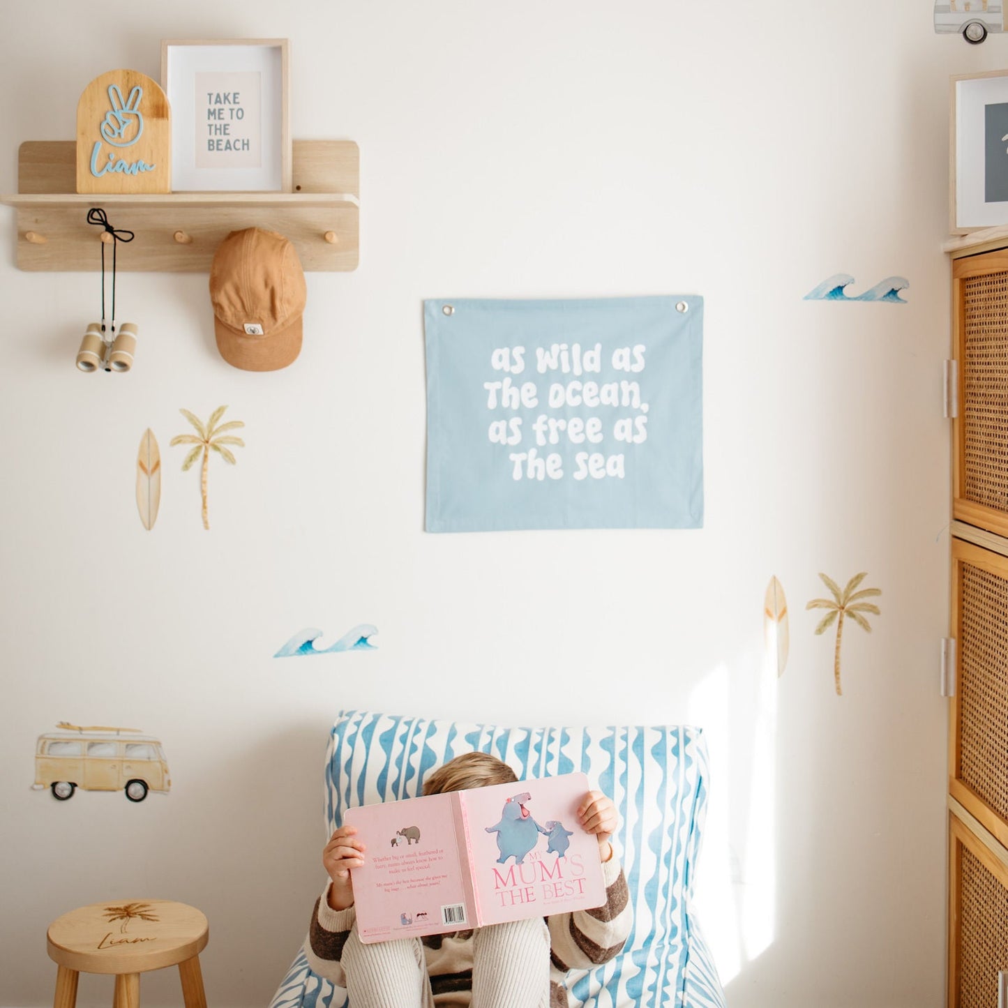 Surf Boys bedroom styling. Boys surf bedroom decor. Boys surf bedroom wall banner. Boys surf room inspo. Beach boys bedroom inspo. Beach boys bedroom ideas. Coastal boys bedroom banner. Boys wall banner. Ocean boys bedroom decor.