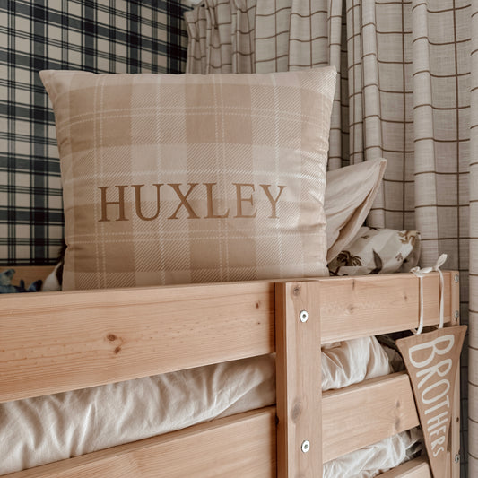 Vintage plaid bedroom cushion slip. Plaid cushion cover. Vintage themed cushion. velour vintage cushion cover. Gingham name cushion. Personalised pillow. Neutral plaid cushion cover. Custom vintage bedding. Check theme cushion. Gingham cushion cover. 90s bedroom decor. Vintage gingham throw cushion. Cottage core throw pillow. Gingham personalised cushion cover. Name kids cushion. Boys bedding. Boys cushion cover.