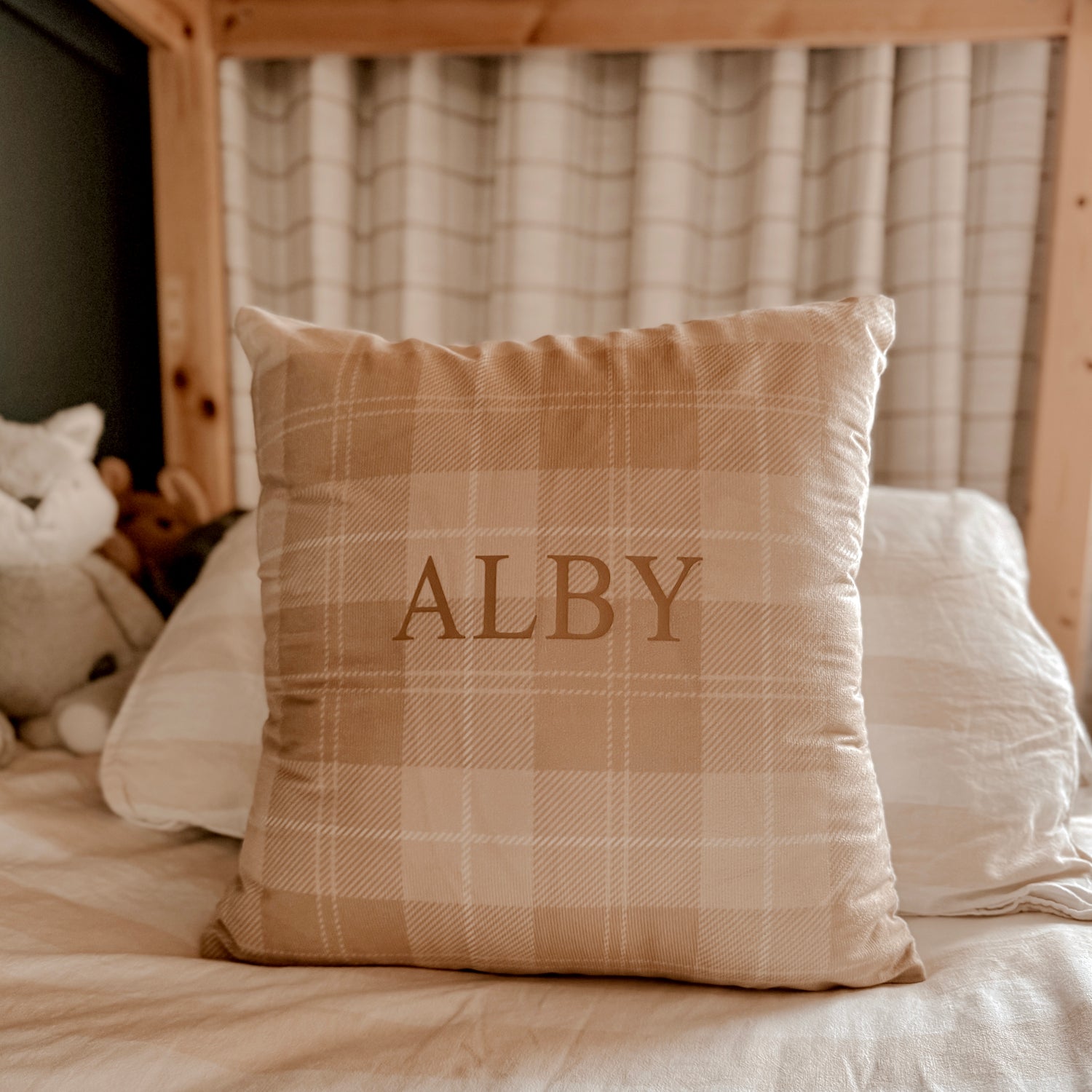 Vintage plaid bedroom cushion slip. Plaid cushion cover. Vintage themed cushion. velour vintage cushion cover. Gingham name cushion. Personalised pillow. Neutral plaid cushion cover. Custom vintage bedding. Check theme cushion. Gingham cushion cover. 90s bedroom decor. Vintage gingham throw cushion. Cottage core throw pillow. Gingham personalised cushion cover. Name kids cushion. Boys bedding. Boys cushion cover.