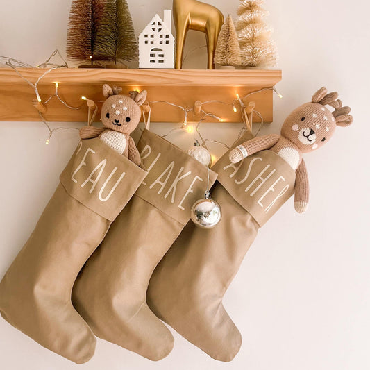 Personalised Christmas canvas stocking. Custom Christmas neutral stocking. Minimalist Christmas stocking. Name Christmas stocking. Personalised tan stocking. Personalised cotton neutral stocking.