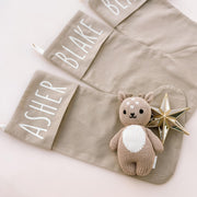 personalised Christmas stocking, seagrass Christmas stocking, sea grass stocking, neutral Christmas stocking, classic Christmas stocking, personalised kids stocking, personalised family stocking, canvas Christmas stocking, cotton Christmas stocking, custom name stocking, neutral Christmas decor, natural Christmas decor, coastal Christmas decor, earthy Christmas decor, Christmas keepsake, reusable Christmas stocking, children’s Christmas stocking, Australian Christmas decor