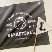 Black Basketball wall banner. Vintage sports bedroom decor. College sports nursery sign. Court side inspired playroom styling. Basket ball wall hanging. Kids rental friendly decor. Boys bedroom decor. Sports themed kids room. Playroom wall banner. Kids bedroom inspo. Kids room ideas. Vintage kids decor. Black boys bedroom decor. 