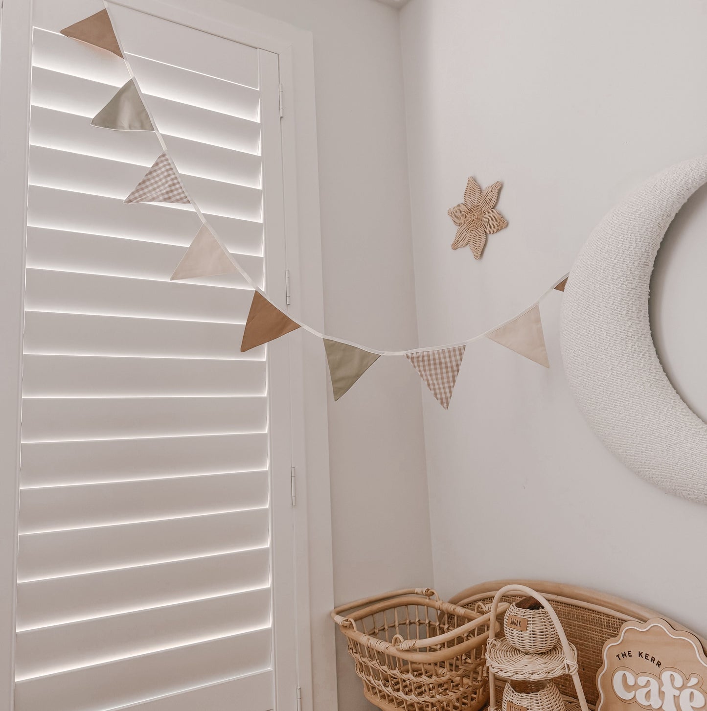 Vintage triangle bunting. Boys nursery decor. Neutral boys bedroom styling. Green and beige bunting flags. Gingham nursery bunting. Retro boys room decor. Earthy nursery wall decor. Kids rental friendly decor. Classic boys nursery inspo. Timeless kids room bunting.