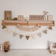 Vintage triangle bunting. Boys gingham nursery decor. Neutral boys bedroom styling. Green and beige bunting flags. Gingham nursery bunting. Classic neutral boys room decor. Earthy nursery wall decor. Kids rental friendly decor. Classic boys nursery inspo. Timeless kids room bunting. Gender neutral wall garland. Gender neutral nursery decor. Gingham plaid garland. 