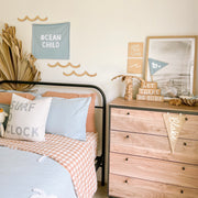 Pastel blue kids room. Soft blue nursery decor. Sky blue ocean child kids banner. Baby blue ocean banner. Boys ocean wall banner. Surf boys blue bedroom styling. Boys calm surf bedroom decor. Boys surf bedroom wall banner. Boys fun surf room inspo. Beach boys bedroom inspo. Beach boys bedroom ideas. Coastal boys bedroom inspo. Coastal wall banner. Pastel blue boys bedroom decor.