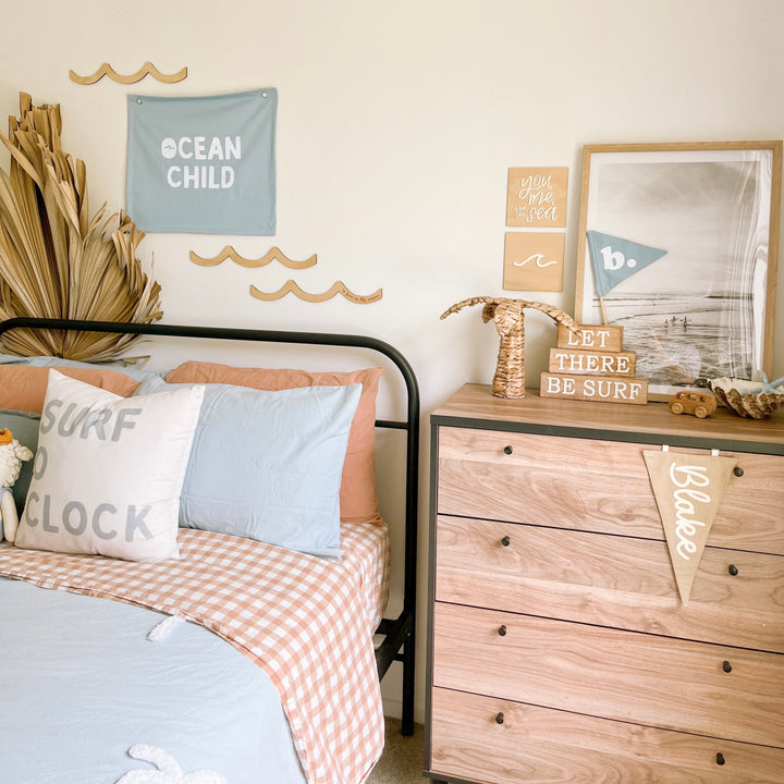 Pastel blue kids room. Soft blue nursery decor. Sky blue ocean child kids banner. Baby blue ocean banner. Boys ocean wall banner. Surf boys blue bedroom styling. Boys calm surf bedroom decor. Boys surf bedroom wall banner. Boys fun surf room inspo. Beach boys bedroom inspo. Beach boys bedroom ideas. Coastal boys bedroom inspo. Coastal wall banner. Pastel blue boys bedroom decor.