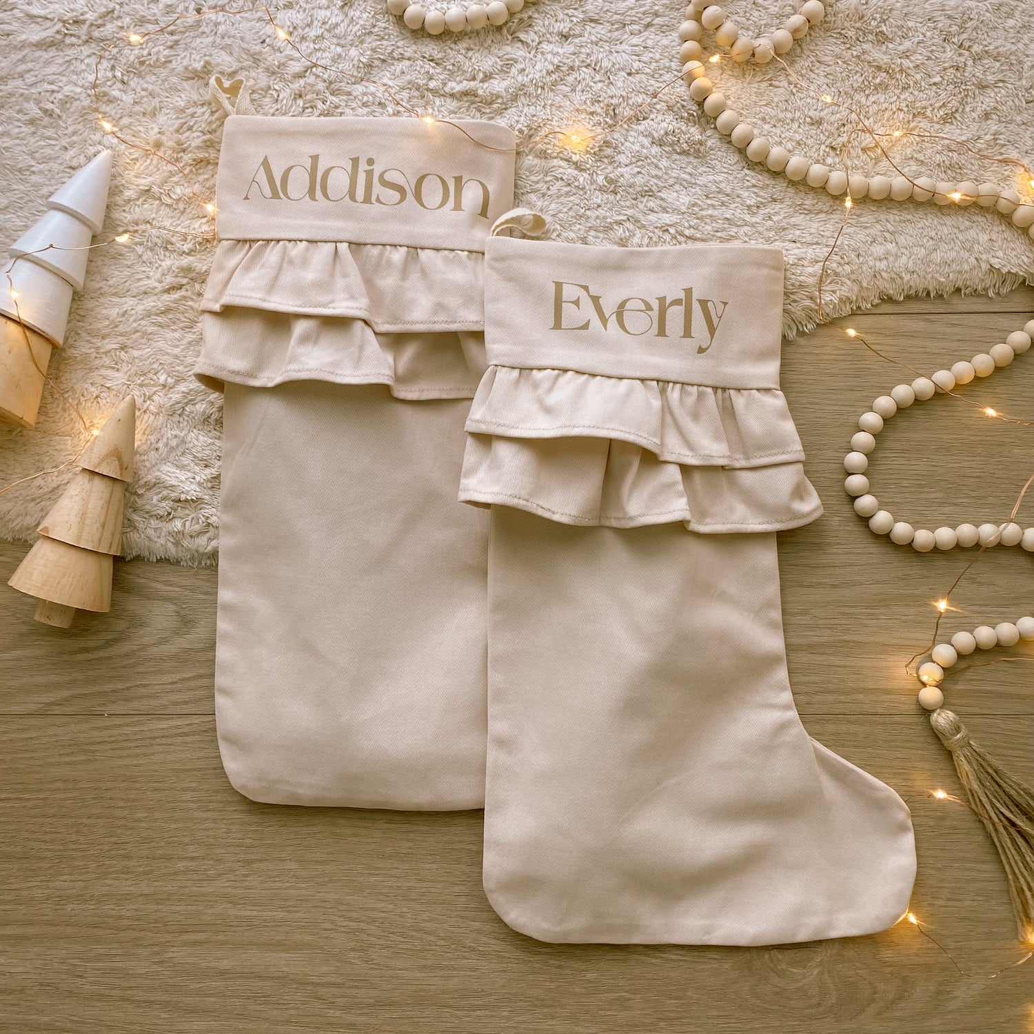 Vintage Christmas stocking. Vintage frill stocking. Personalised ruffle Christmas canvas stocking. Custom Christmas neutral ruffle stocking. Minimalist frill Christmas stocking. Cottagecore Name Christmas stocking. Personalised beige stocking with frills. Personalised cotton neutral ruffle stocking.
