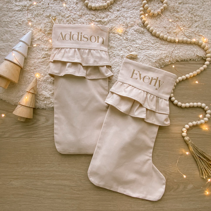 personalised frill Christmas stocking, double frill Christmas stocking, ruffle Christmas stocking, warm sand Christmas stocking, beige Christmas stocking, neutral Christmas stocking, personalised Christmas stocking, canvas Christmas stocking, cotton Christmas stocking, custom name stocking, personalised kids stocking, cottagecore Christmas decor, vintage Christmas stocking, neutral Christmas decor, Christmas keepsake, reusable Christmas stocking, Australian Christmas decor
