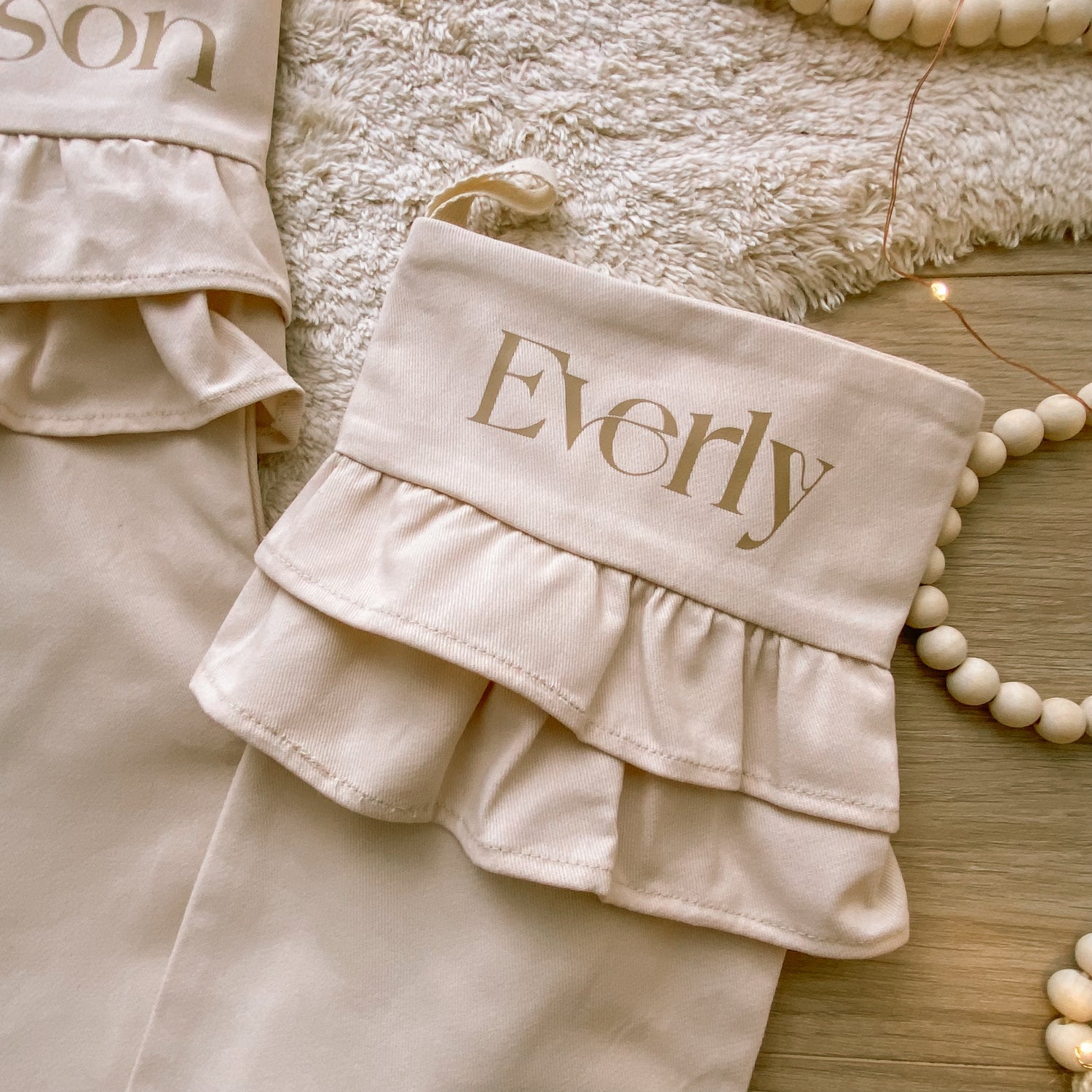 Vintage Christmas stocking. Vintage frill stocking. Personalised ruffle Christmas canvas stocking. Custom Christmas neutral ruffle stocking. Minimalist frill Christmas stocking. Cottagecore Name Christmas stocking. Personalised beige stocking with frills. Personalised cotton neutral ruffle stocking.