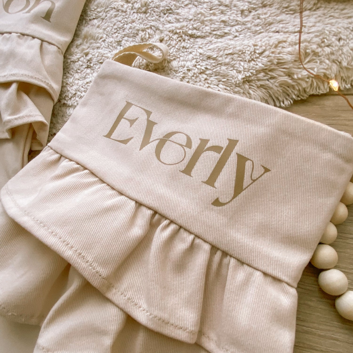 Vintage Christmas stocking. Vintage frill stocking. Personalised ruffle Christmas canvas stocking. Custom Christmas neutral ruffle stocking. Minimalist frill Christmas stocking. Cottagecore Name Christmas stocking. Personalised beige stocking with frills. Personalised cotton neutral ruffle stocking.