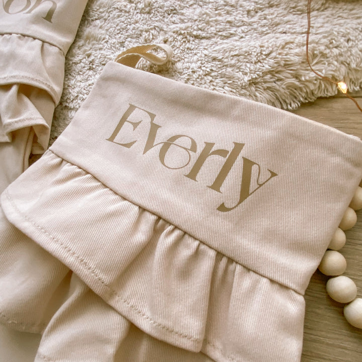 personalised frill Christmas stocking, double frill Christmas stocking, ruffle Christmas stocking, warm sand Christmas stocking, beige Christmas stocking, neutral Christmas stocking, personalised Christmas stocking, canvas Christmas stocking, cotton Christmas stocking, custom name stocking, personalised kids stocking, cottagecore Christmas decor, vintage Christmas stocking, neutral Christmas decor, Christmas keepsake, reusable Christmas stocking, Australian Christmas decor