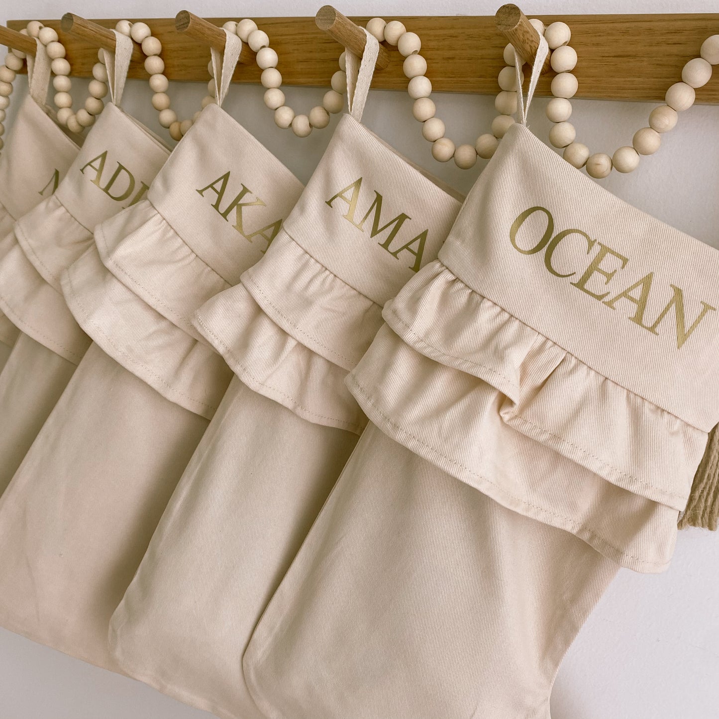 Vintage Christmas stocking. Vintage frill stocking. Personalised ruffle Christmas canvas stocking. Custom Christmas neutral ruffle stocking. Minimalist frill Christmas stocking. Cottagecore Name Christmas stocking. Personalised beige stocking with frills. Personalised cotton neutral ruffle stocking.