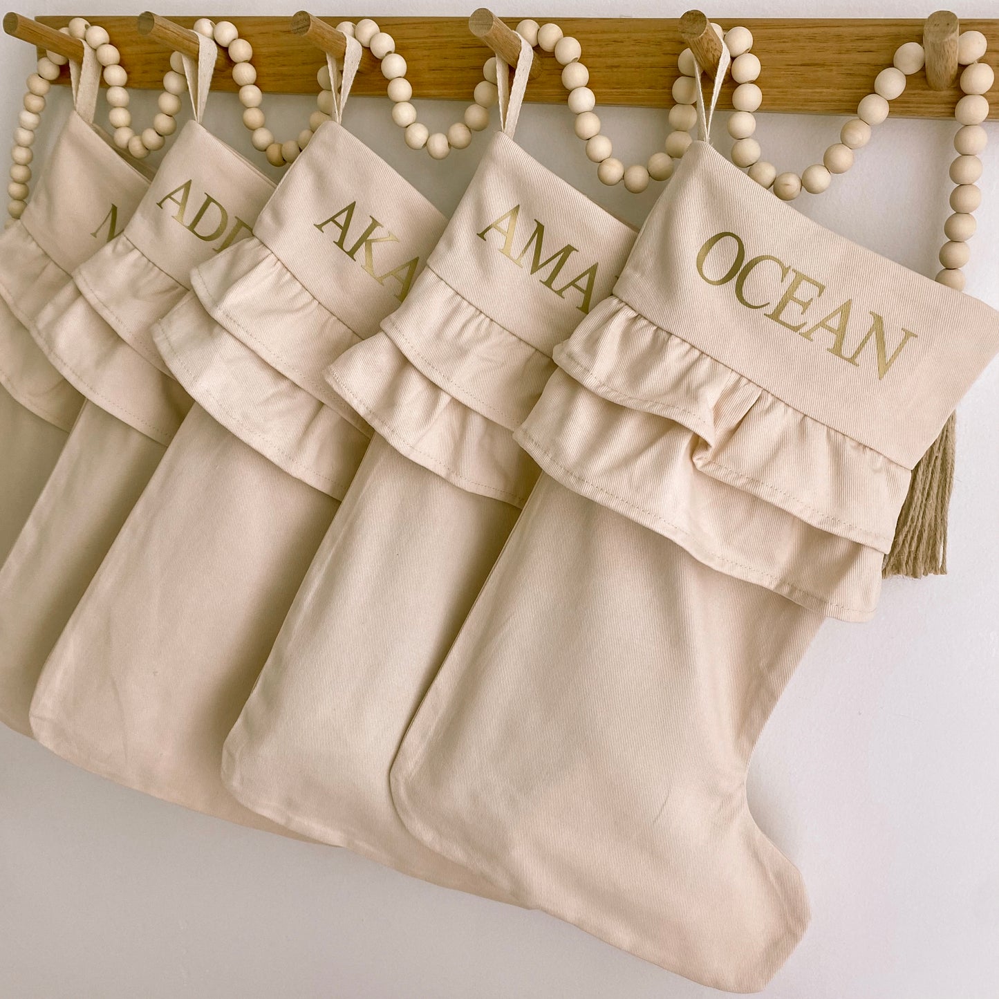 Vintage Christmas stocking. Vintage frill stocking. Personalised ruffle Christmas canvas stocking. Custom Christmas neutral ruffle stocking. Minimalist frill Christmas stocking. Cottagecore Name Christmas stocking. Personalised beige stocking with frills. Personalised cotton neutral ruffle stocking.