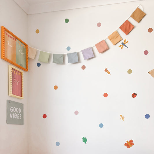 Muted rainbow bunting. Pastel square flag bunting. Kids nursery decor. Soft pastel kids bedroom styling. Neutral rainbow nursery. Modern kids nursery wall decor. Calm colour playroom decor. Kids rental friendly decor. Minimal rainbow bunting. Timeless nursery wall flags. Nursery garland. Rainbow garland.