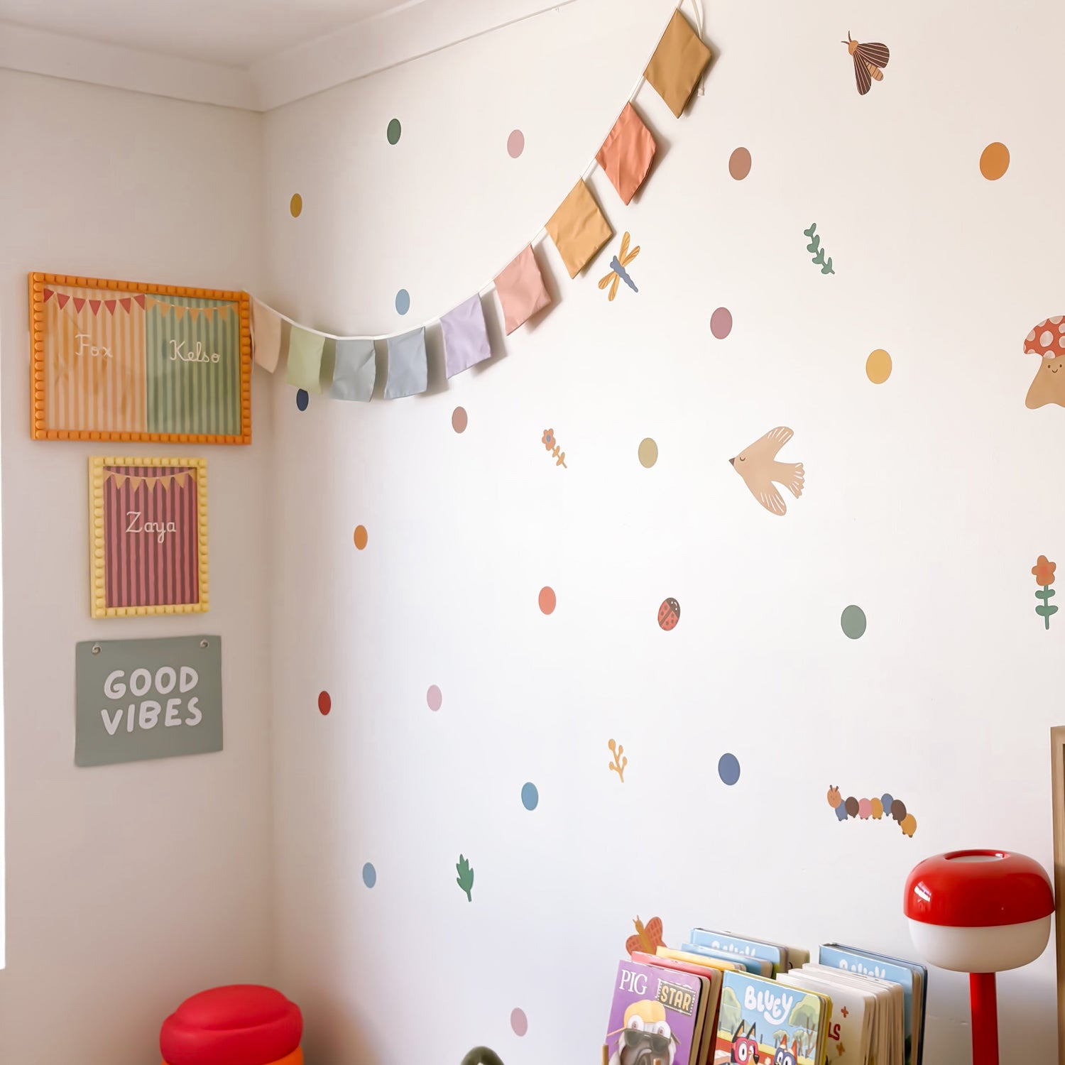 Soft rainbow bunting. Pastel square flag bunting. Kids nursery decor. Soft pastel kids bedroom styling. Pastel rainbow nursery. Modern kids nursery wall decor. Calm colourful playroom decor. Kids rental friendly decor. Minimalist rainbow bunting. Timeless nursery wall flags. Nursery garland. Rainbow garland. Gender neutral wall decor. Colourful wall garland. Colourful kids playroom decor.