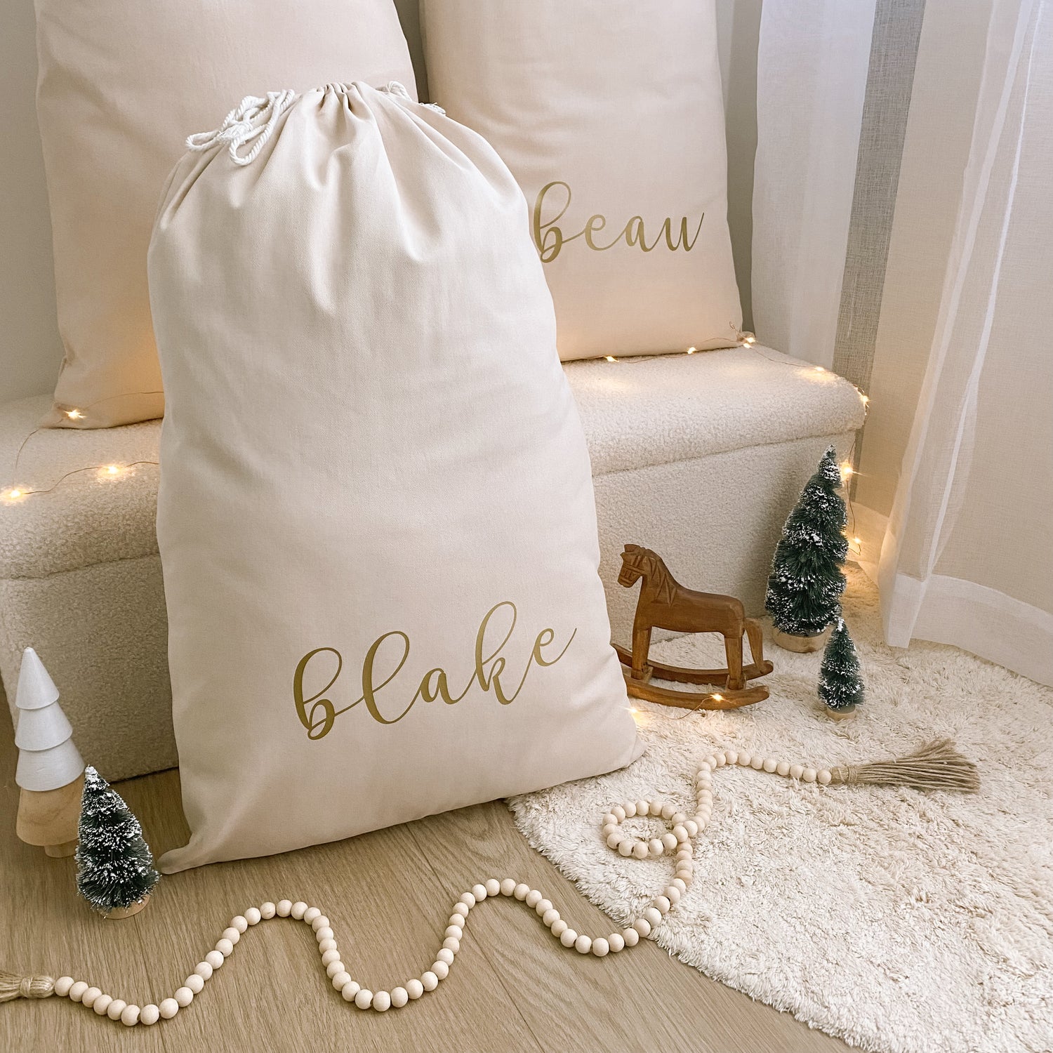 Vintage Christmas sack. Vintage Santa sack. Personalised pom Pom Christmas canvas Santa sack. Custom Christmas neutral Pom Pom present sack. Minimalist pom Pom Christmas sack. Cottagecore Name Christmas Santa sack. Personalised beige sack with Pom Poms. Personalised Cottagecore neutral santa sack. 