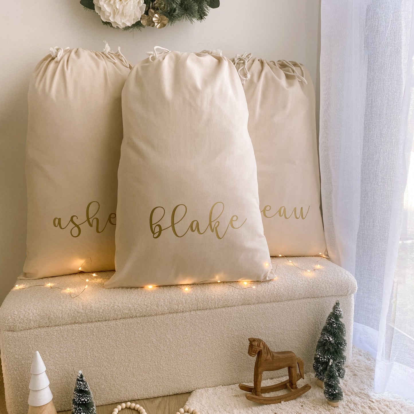 Vintage Christmas sack. Vintage Santa sack. Personalised pom Pom Christmas canvas Santa sack. Custom Christmas neutral Pom Pom present sack. Minimalist pom Pom Christmas sack. Cottagecore Name Christmas Santa sack. Personalised beige sack with Pom Poms. Personalised Cottagecore neutral santa sack. 