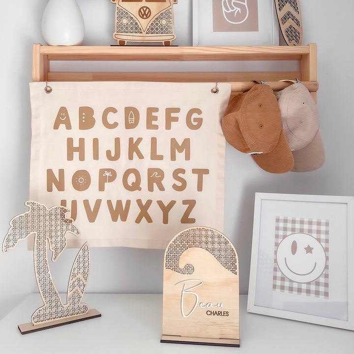 Gender neutral kids room. Gender neutral nursery decor. Neutral Beige Alphabet kids banner. Boys abc banner. Boys alphabet wall banner. Surf boys bedroom styling. Boys surf bedroom decor. Boys surf bedroom wall banner. Boys surf room inspo. Beach boys bedroom inspo. Beach boys bedroom ideas. Coastal boys bedroom inspo. ABC wall banner. Neutral boys bedroom decor.
