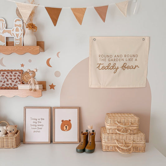 Teddy bear wall banner. Round and round the garden like a teddy bear. Boys teddy bear bedroom styling. Boys teddy bear bedroom wall decor. Boys bedroom teddy bear wall banner. Boys wall decor. Boys teddy bear bedroom. Boys teddy bedroom decor ideas. Teddy bear nursery banner. Teddy bear nursery.