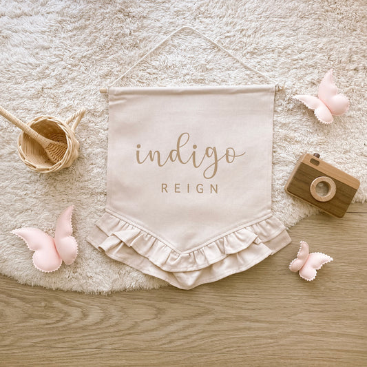 Personalised name frill hanging banner ~ Warm sand