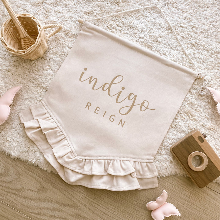 Personalised name frill hanging banner ~ Warm sand