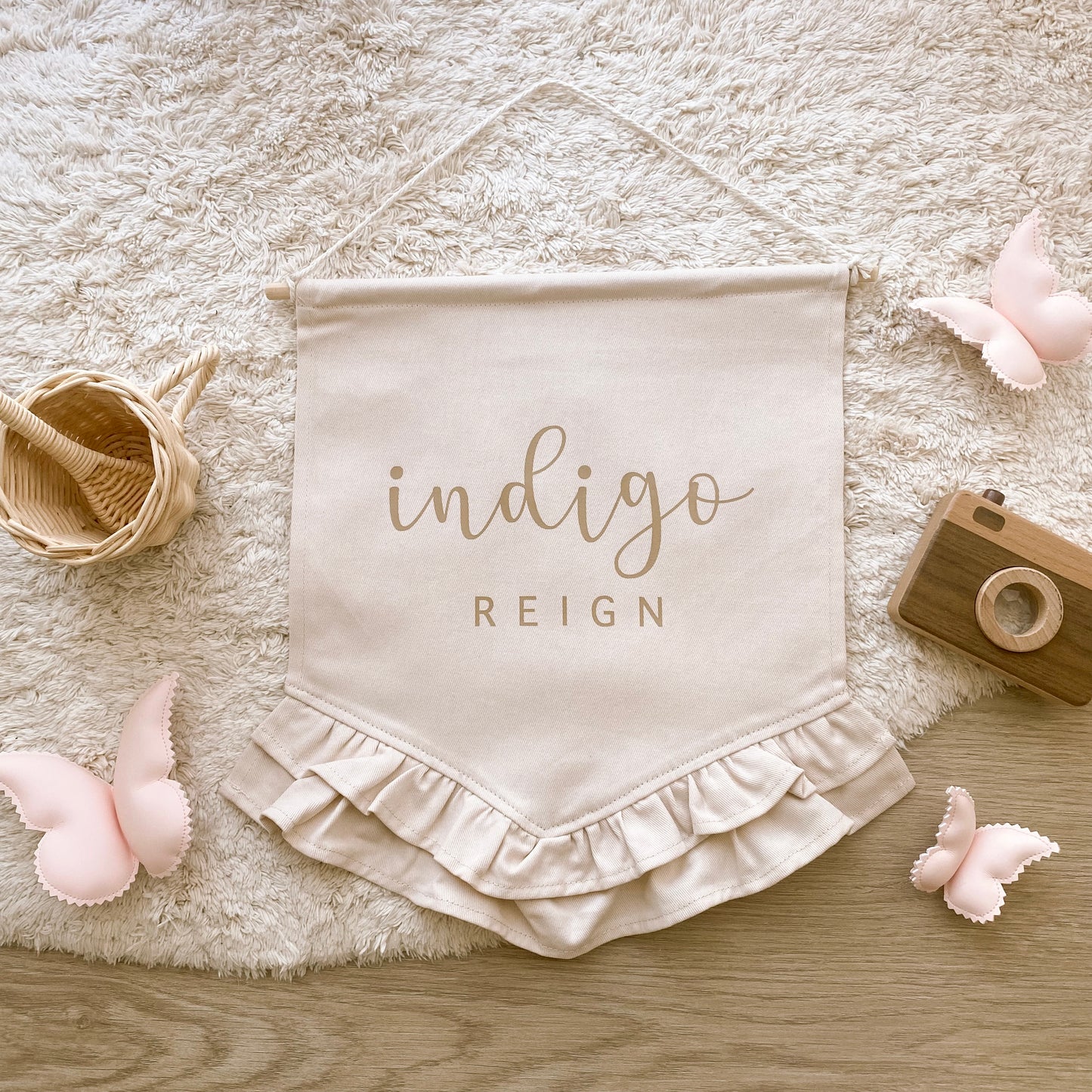 Personalised name frill hanging banner ~ Warm sand
