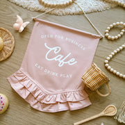 Cafe Wall Banner, Kids Cafe Decor, Play Kitchen Decor, Kids Play Kitchen, Cubby House Decor, Playroom Decor, Pretend Play Decor, Imaginative Play, Cafe Playroom Decor, Girls Playroom Decor, Pink Wall Banner, Dusty Pink Decor, Blush Pink Decor, Pink Kids Decor, Kids Wall Banner, Play Cafe Sign, Kids Cafe Sign, Market Stall Decor, Pretend Cafe Decor, Girls Cubby Decor, Vintage Kids Decor, Frill Wall Banner