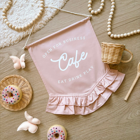 Cafe Wall Banner, Kids Cafe Decor, Play Kitchen Decor, Kids Play Kitchen, Cubby House Decor, Playroom Decor, Pretend Play Decor, Imaginative Play, Cafe Playroom Decor, Girls Playroom Decor, Pink Wall Banner, Dusty Pink Decor, Blush Pink Decor, Pink Kids Decor, Kids Wall Banner, Play Cafe Sign, Kids Cafe Sign, Market Stall Decor, Pretend Cafe Decor, Girls Cubby Decor, Vintage Kids Decor, Frill Wall Banner
